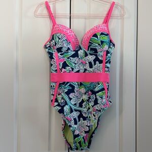 🦩🌴Lilly Pulitzer Palma~Sway This Way Deep Sea Navy, Vibrant Floral Swimsuit🌴🦩